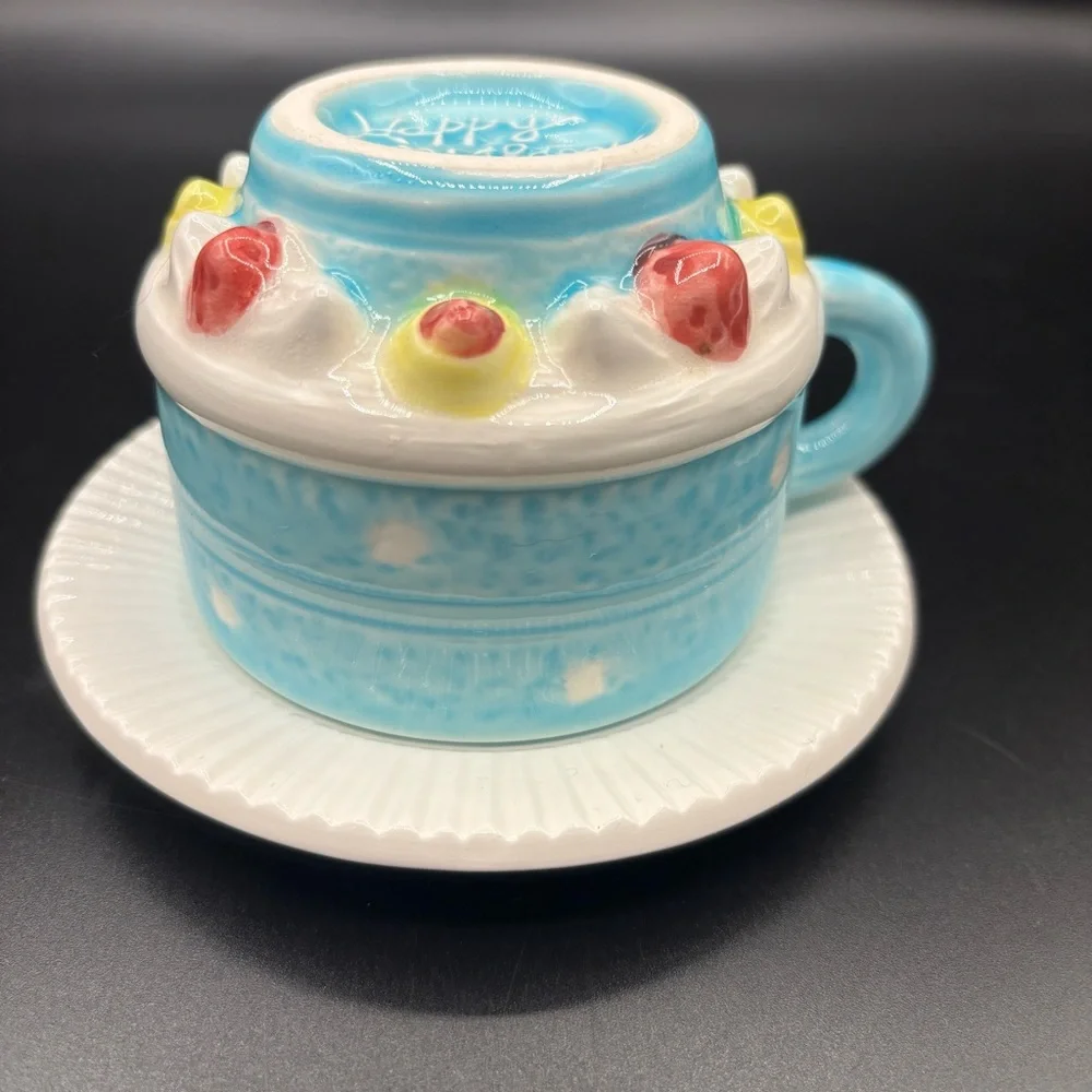 Russ Happy Birthday Cake Tea Coffee Cup with Handle & Saucer Decorated Gift Blue